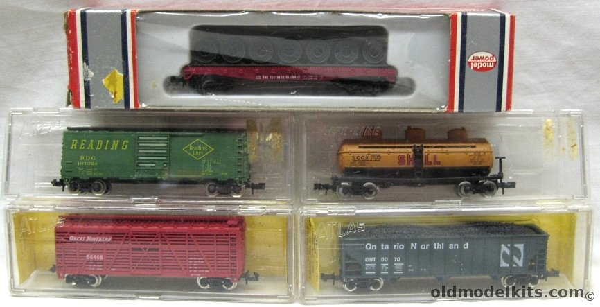 Atlas N Great Northern 40' Stock Car / Ontario Northland 90 Ton Hopper / Reading Lines 40' Steel Box Car / Life-Like Shell Tank Car / Southern Railroad Flat Car with Load plastic model kit